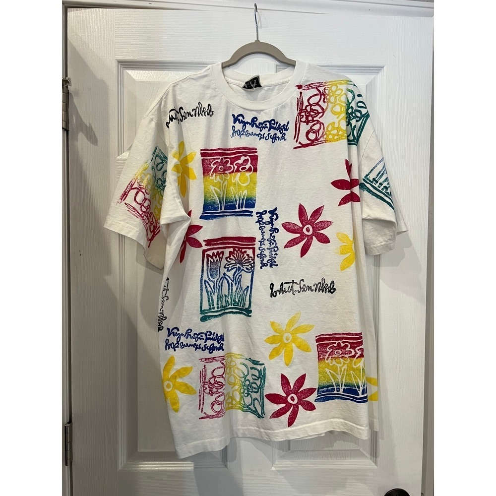 Vinatge 90s Abstract Floral Graphic Tee Oversized Artsy Boho